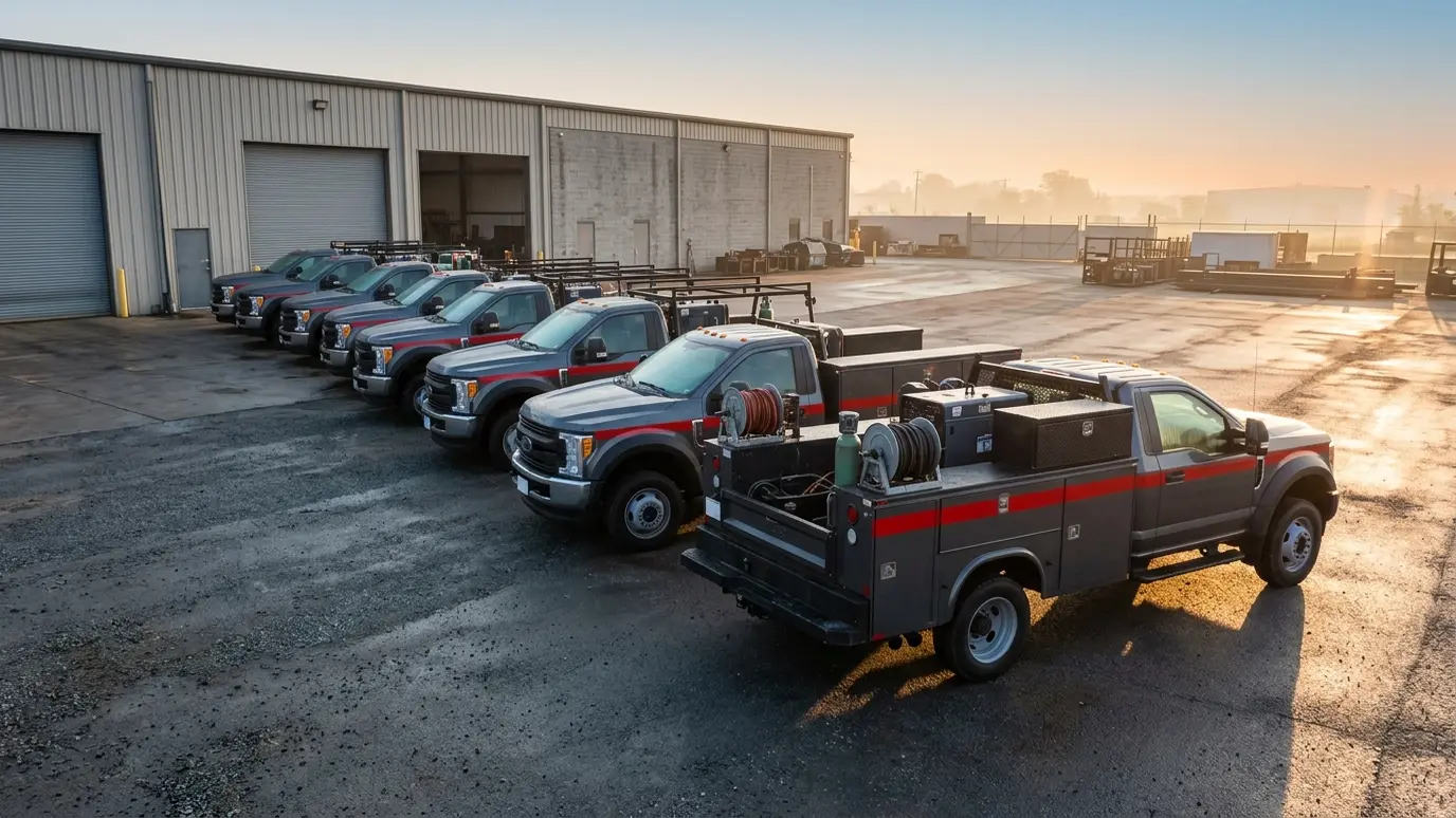 A row of charcoal gray mobile welding trucks with red stripes parked at a shop at sunrise