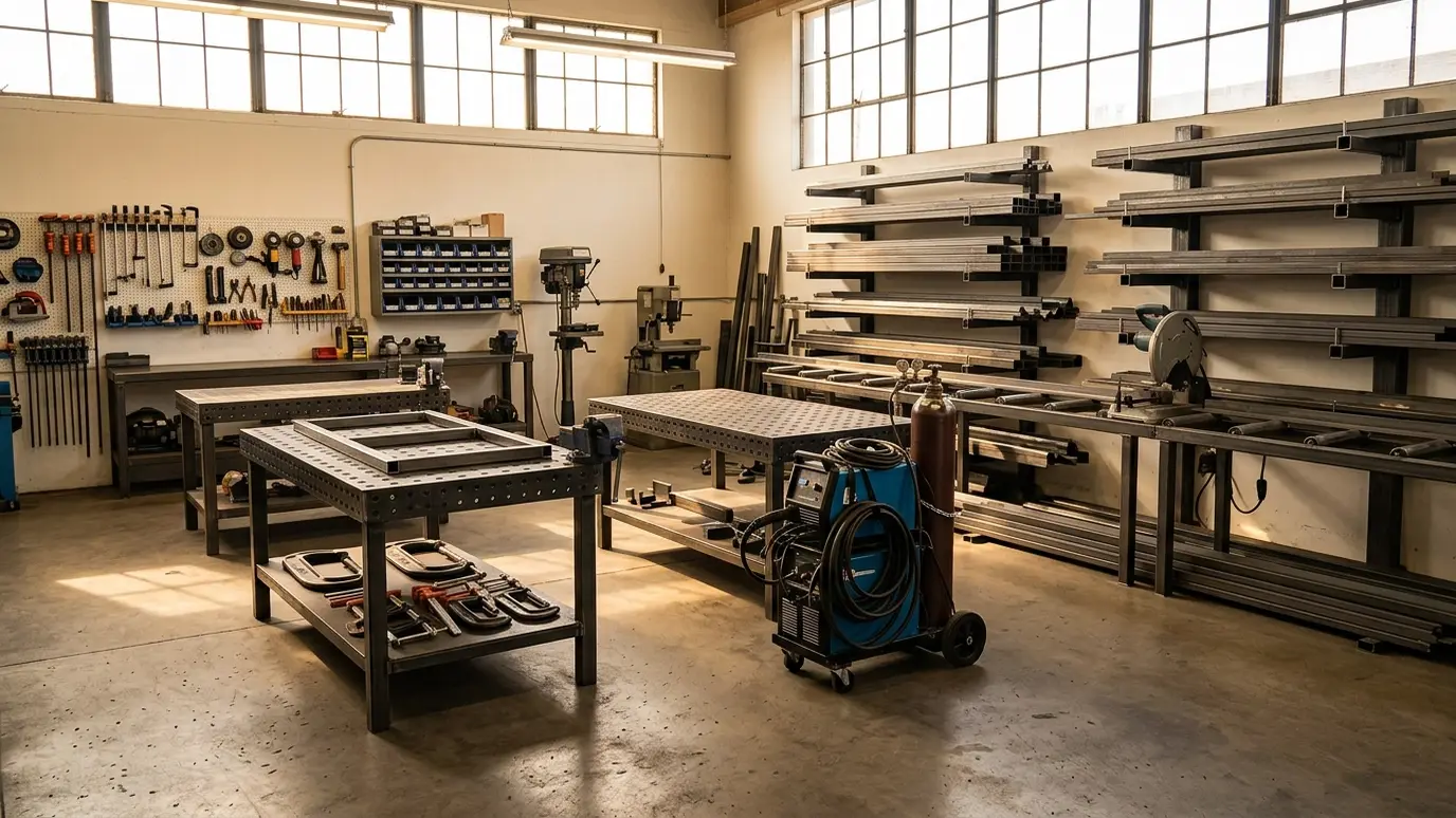 A tidy fabrication shop with welding tables, steel racks, a chop saw and clamps in warm light