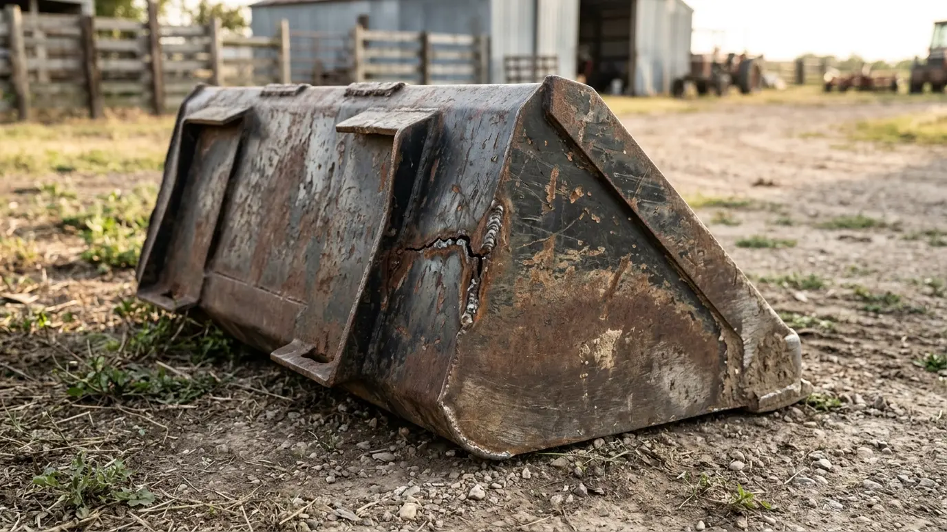 Before: a loader bucket with a split seam and a worn cutting edge