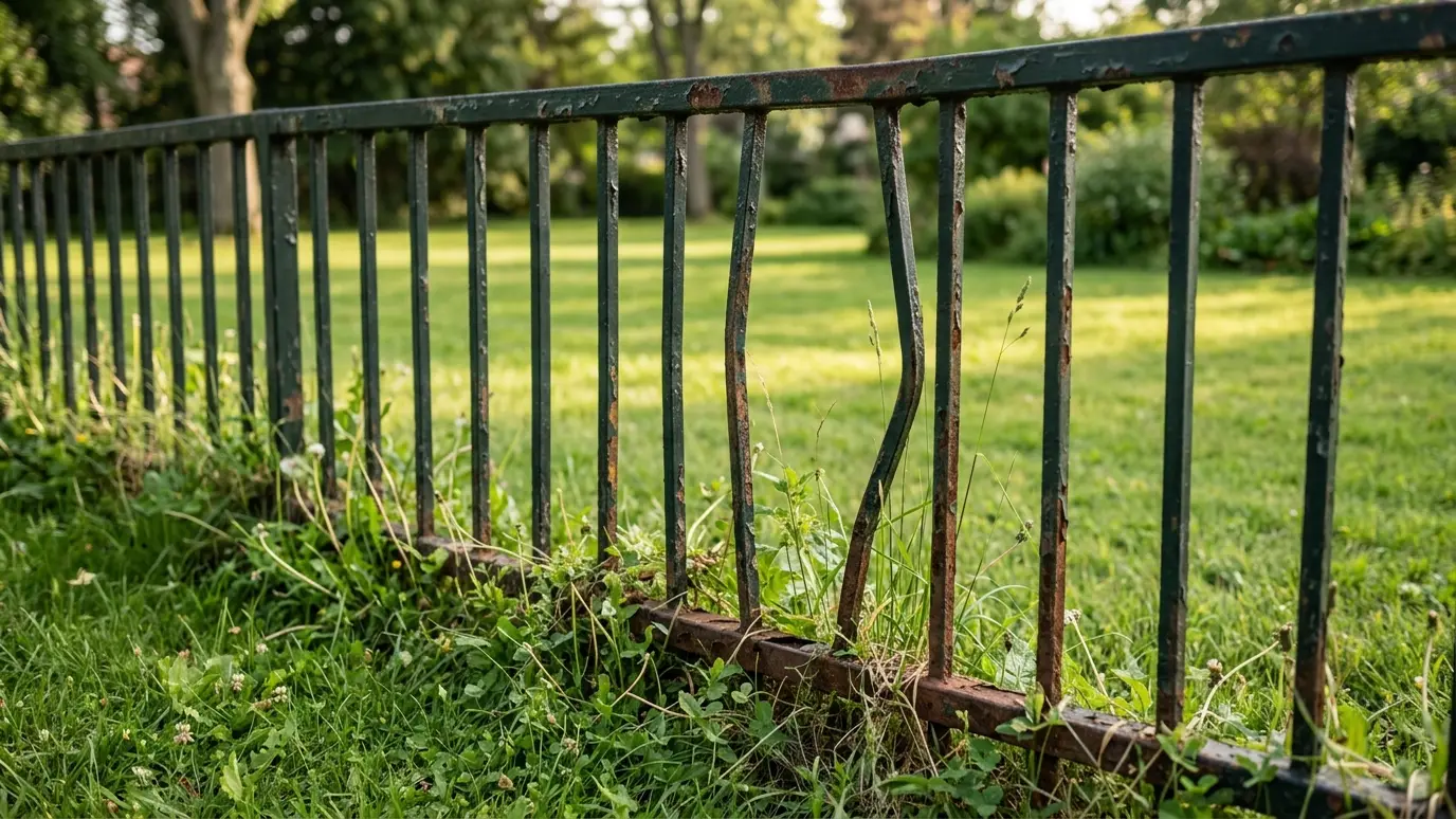 Before: a backyard fence with a leaning, broken metal fence