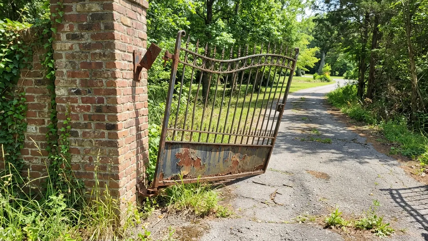 Before: a driveway gate with a sagging, cracked steel gate that no longer latches
