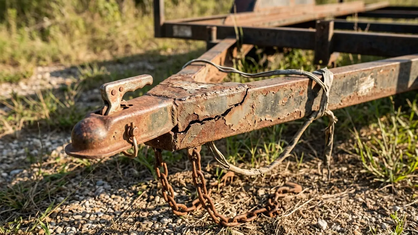 Before: a trailer hitch with a cracked, worn hitch and tongue