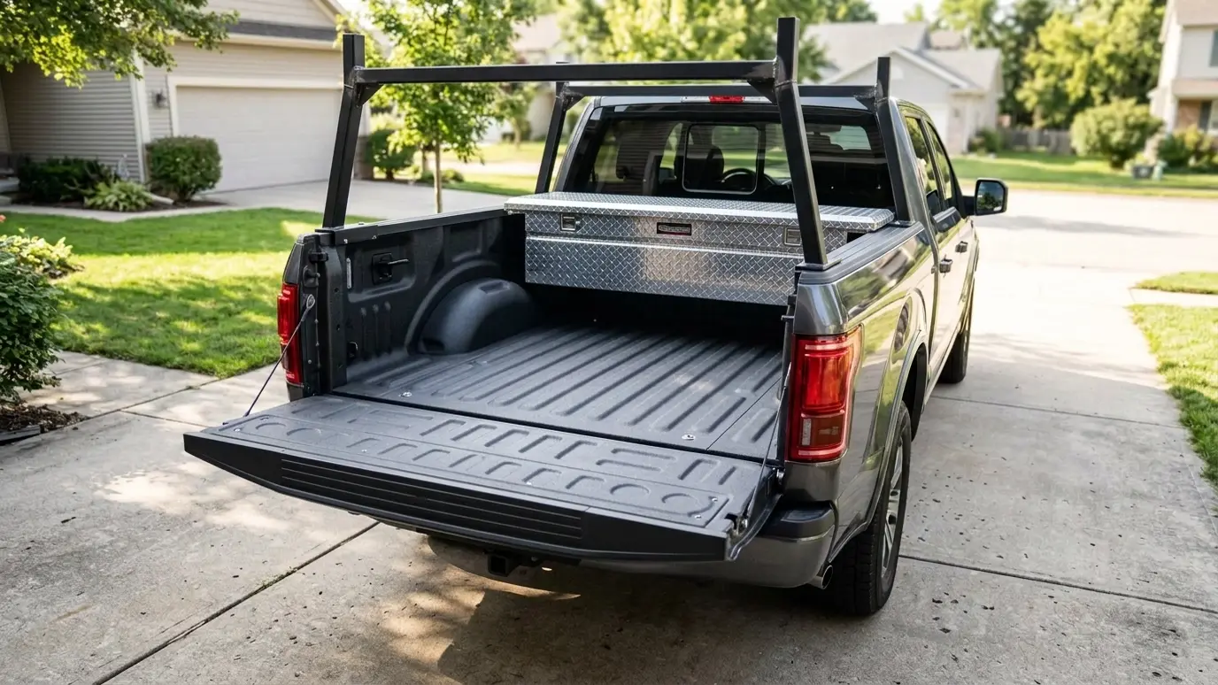After: Ladder rack and toolbox | Music City Welding After: a pickup truck with a welded black steel ladder rack and a diamond plate toolbox