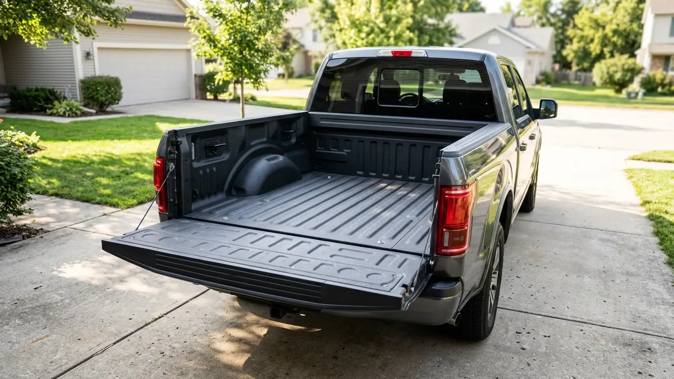 Before: a pickup truck with a bare truck bed with nothing mounted