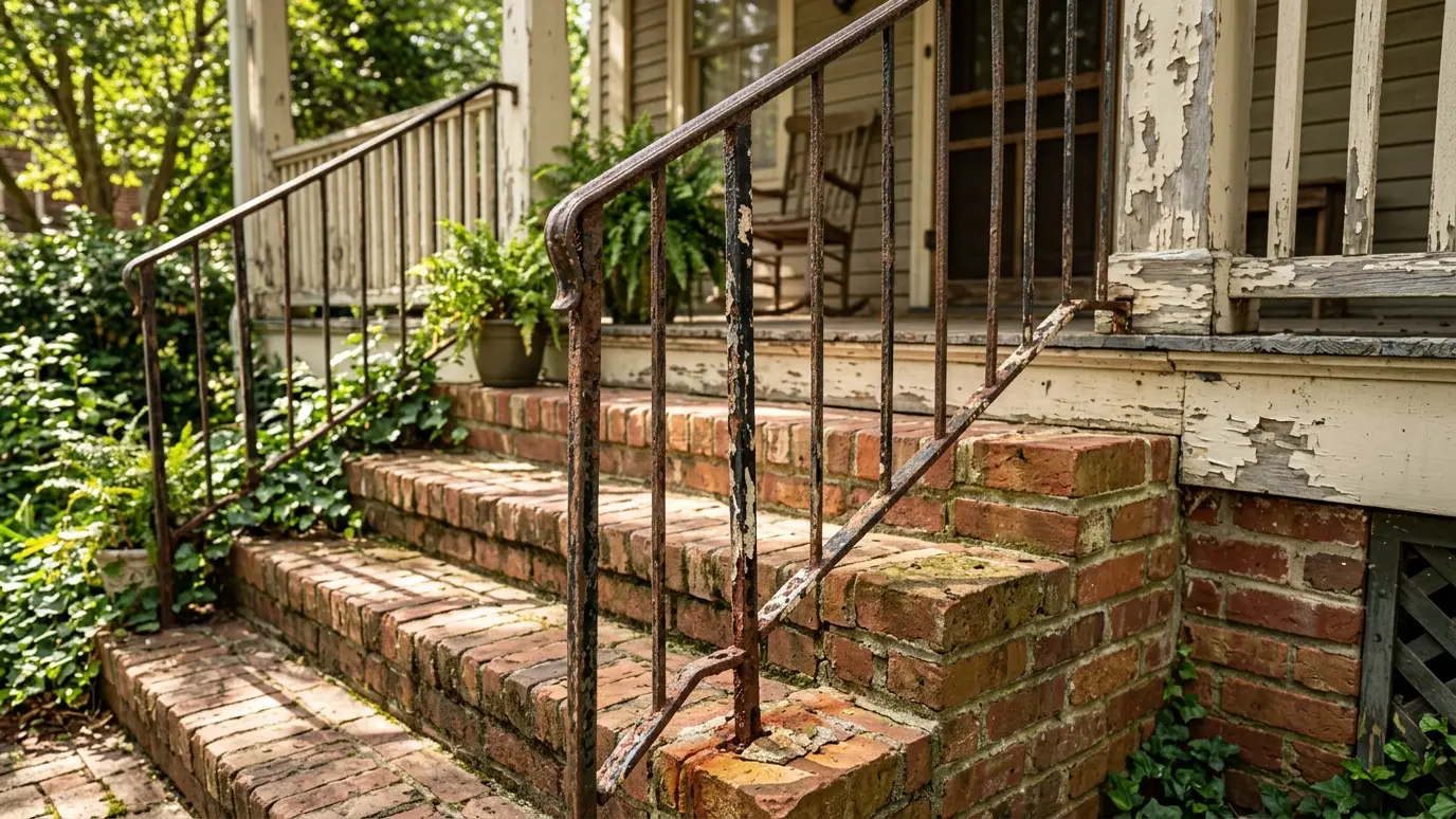 Before: a front porch with a loose, bent railing