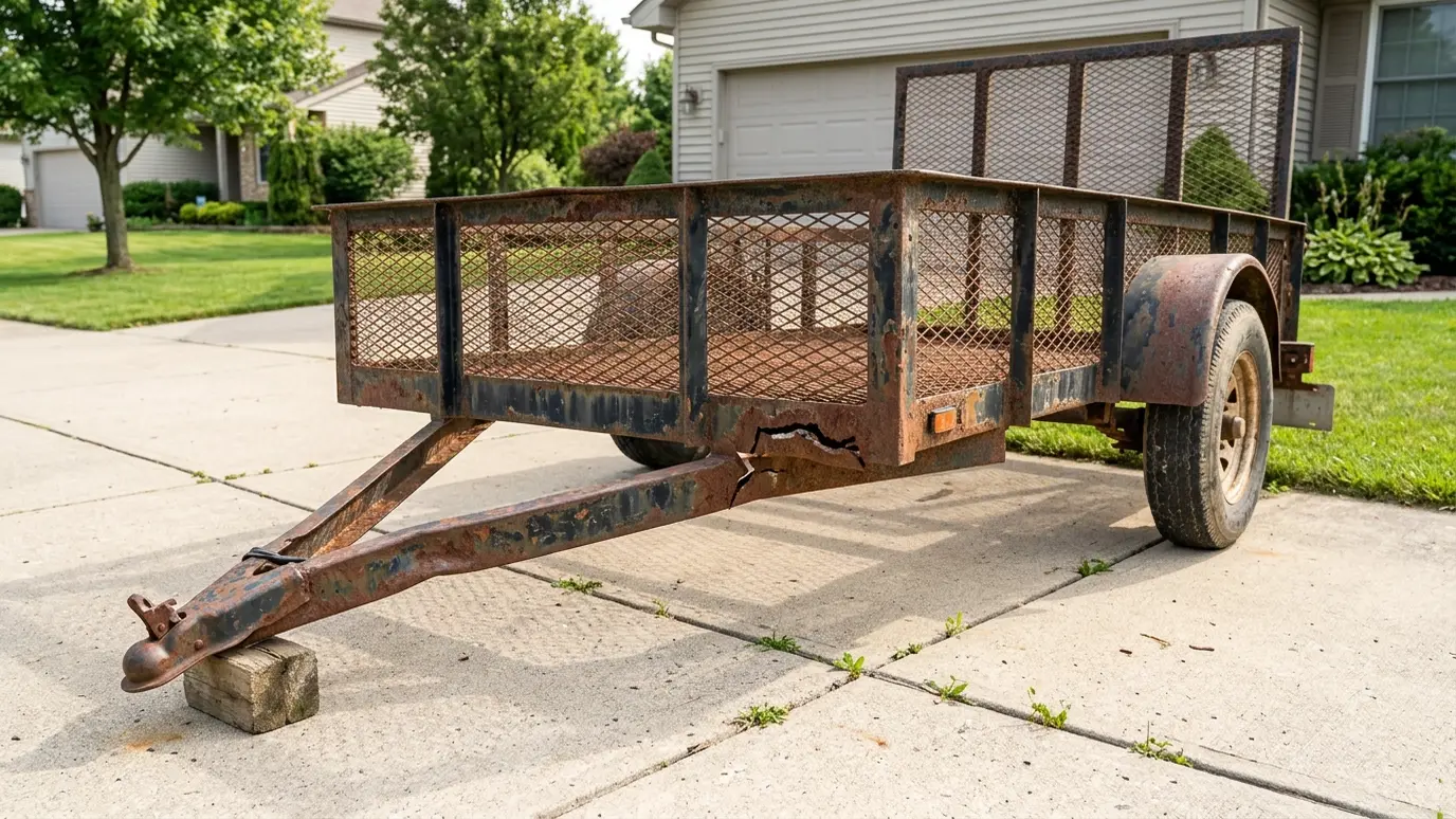 Before: a utility trailer with a cracked, rusting frame
