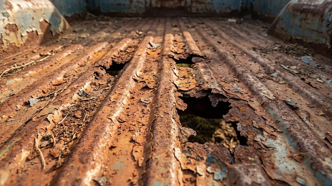 Before: a pickup truck bed with rusted-through floor sections