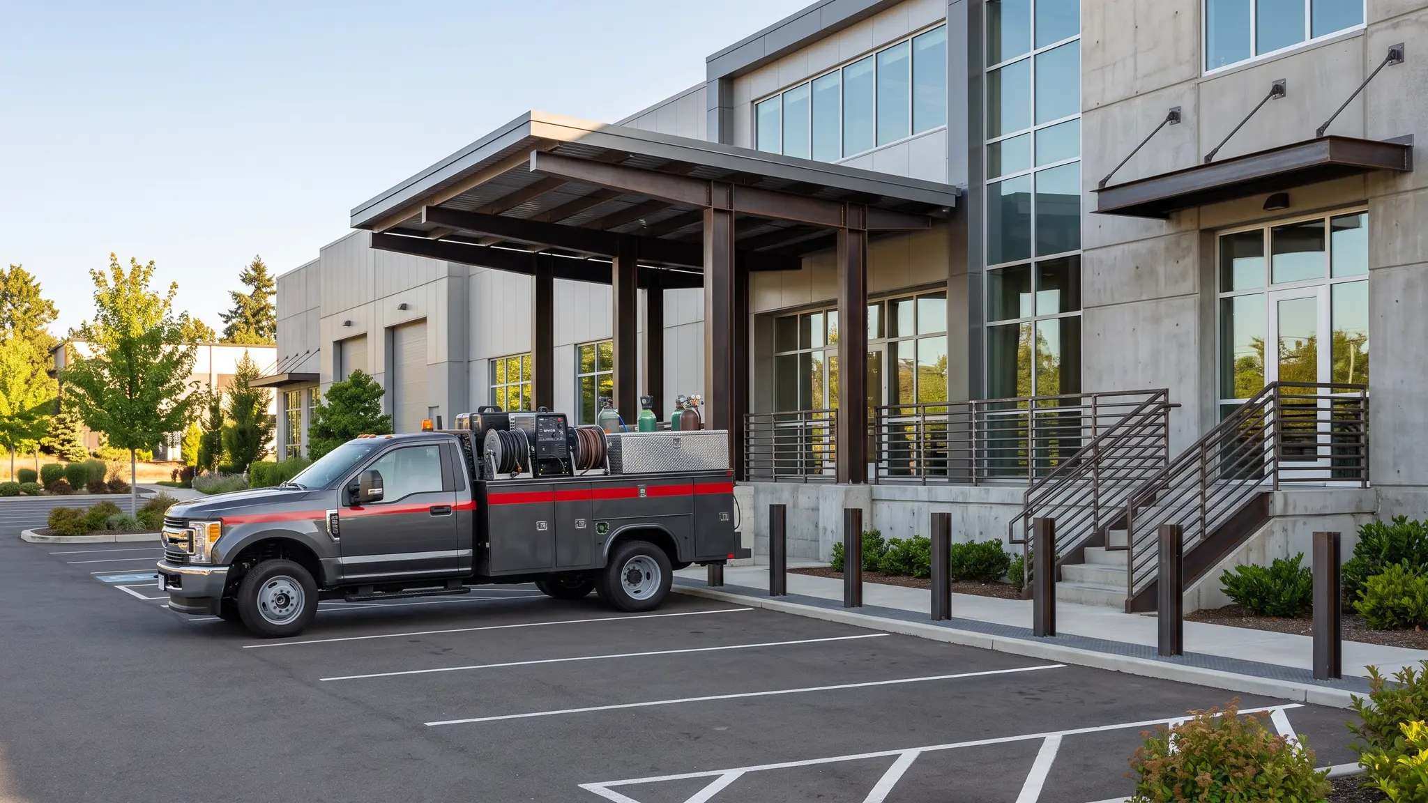 A commercial property with a welded steel canopy, stair railings and a bollard row, with a charcoal gray mobile welding truck parked in the lot