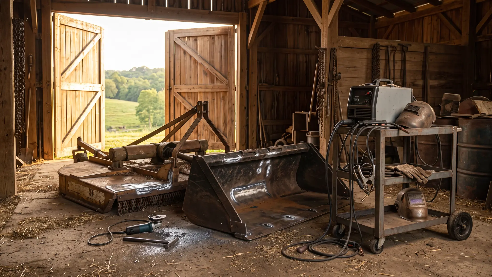 Inside a Tennessee barn, a tractor implement and a skid steer bucket with fresh welded repairs and a portable welding machine on a cart