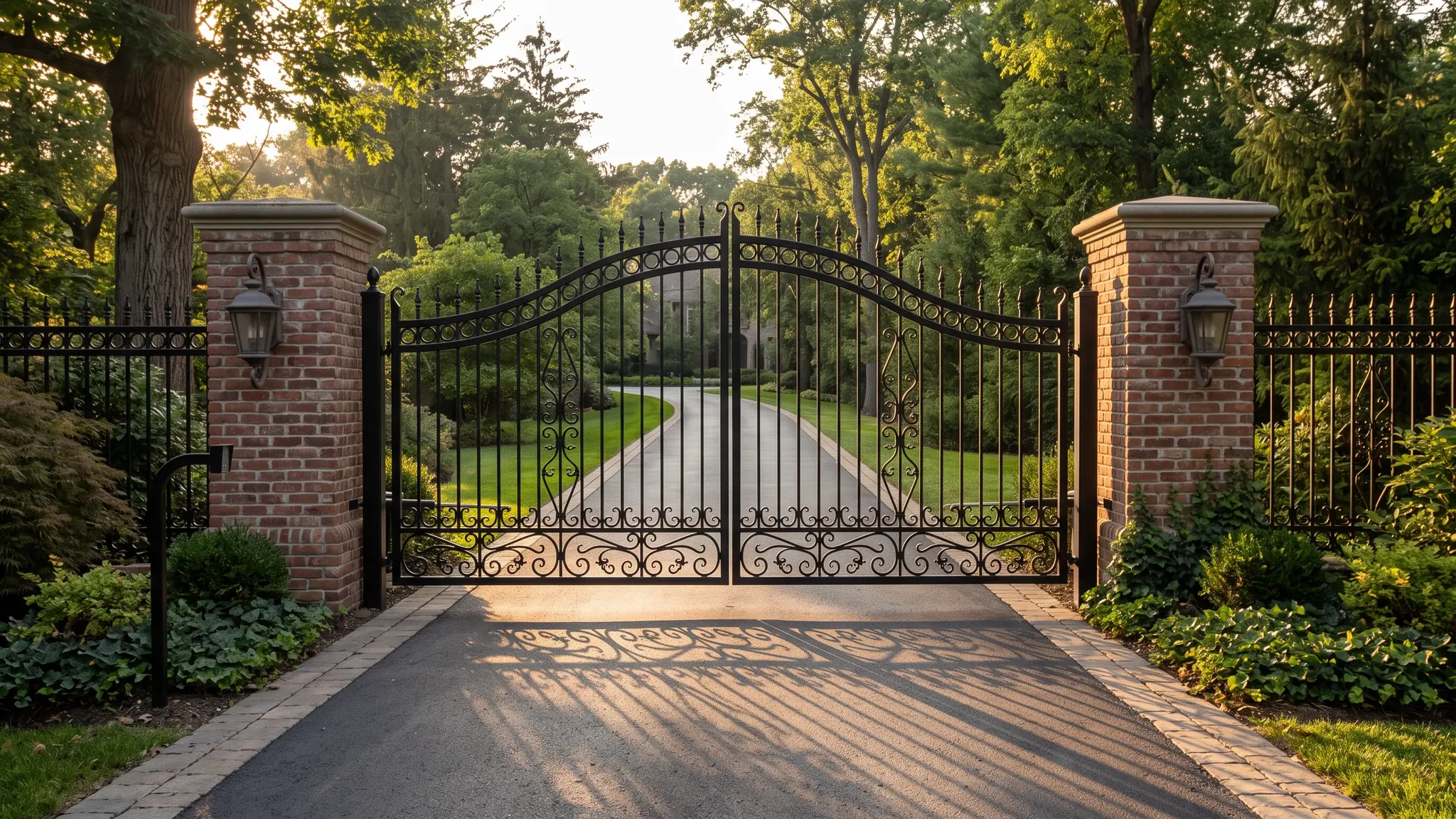 A tall custom black ornamental steel driveway gate with scrollwork between brick columns in late afternoon light