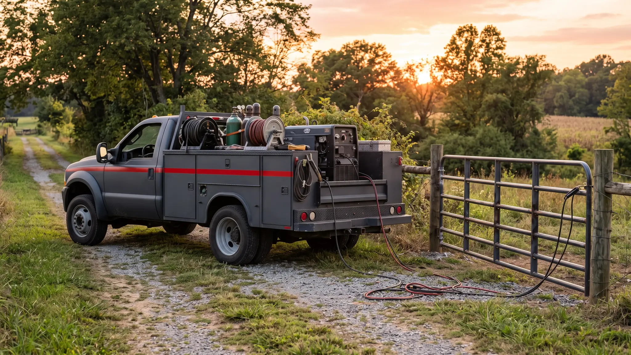 A charcoal gray mobile welding truck with a welding machine, gas cylinders and cable reels parked on a Tennessee farm lane beside a freshly repaired steel gate at sunset