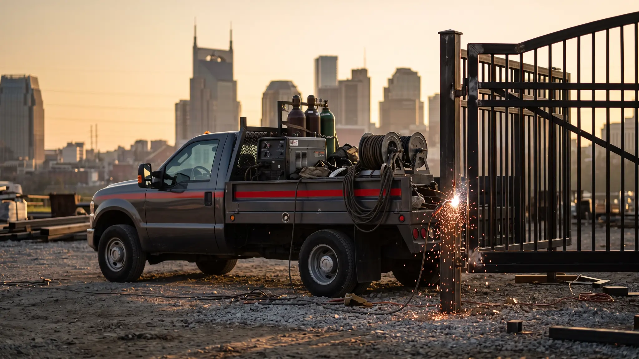 A charcoal gray mobile welding truck with a red stripe parked beside a half-finished black steel gate at golden hour, with bright sparks at the gate post and the Nashville skyline in the distance