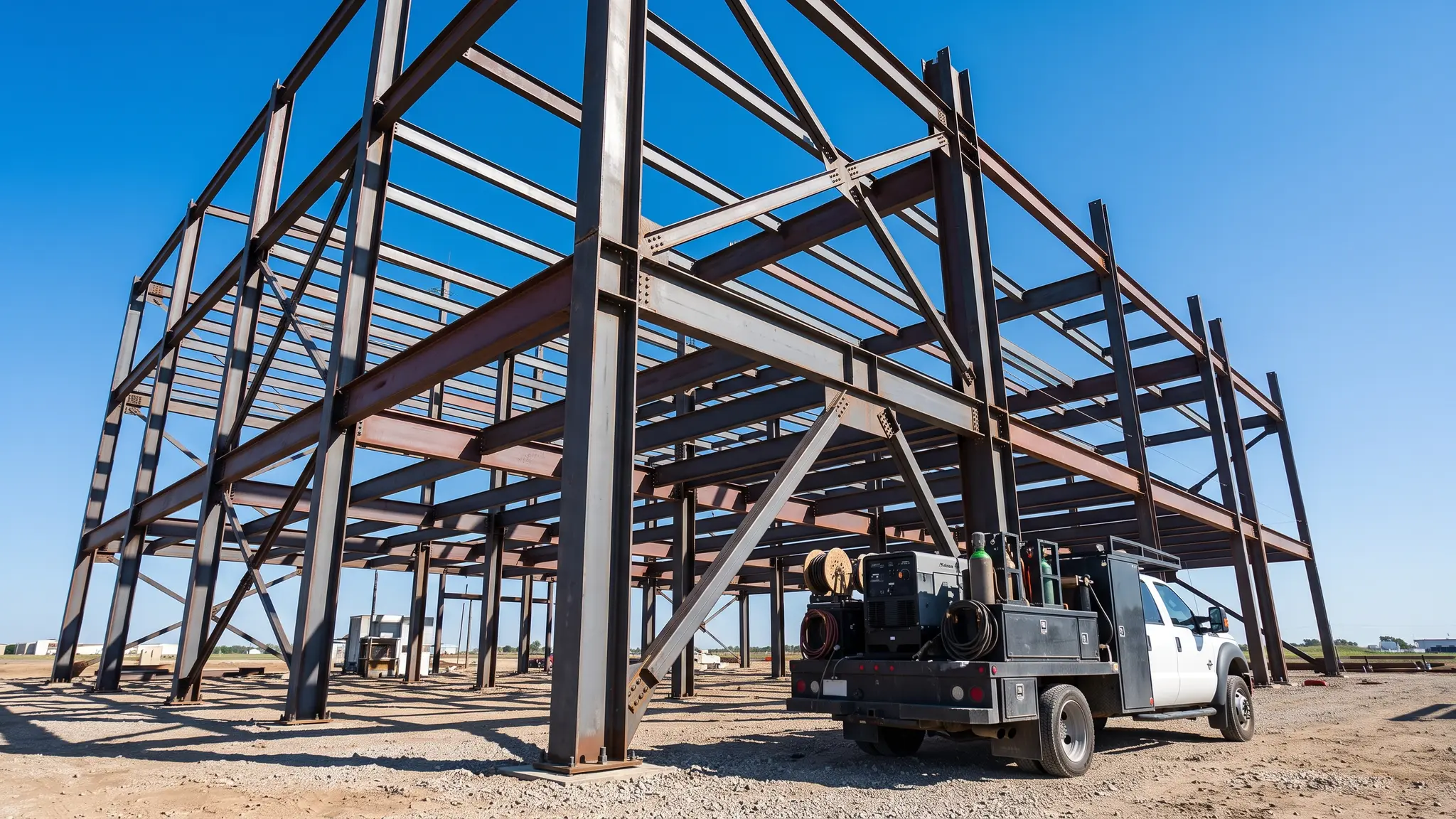 Mobile welding FAQ | Music City Welding A steel building frame with beams, columns and clean welded connections against a clear blue sky with a mobile welding truck at the base