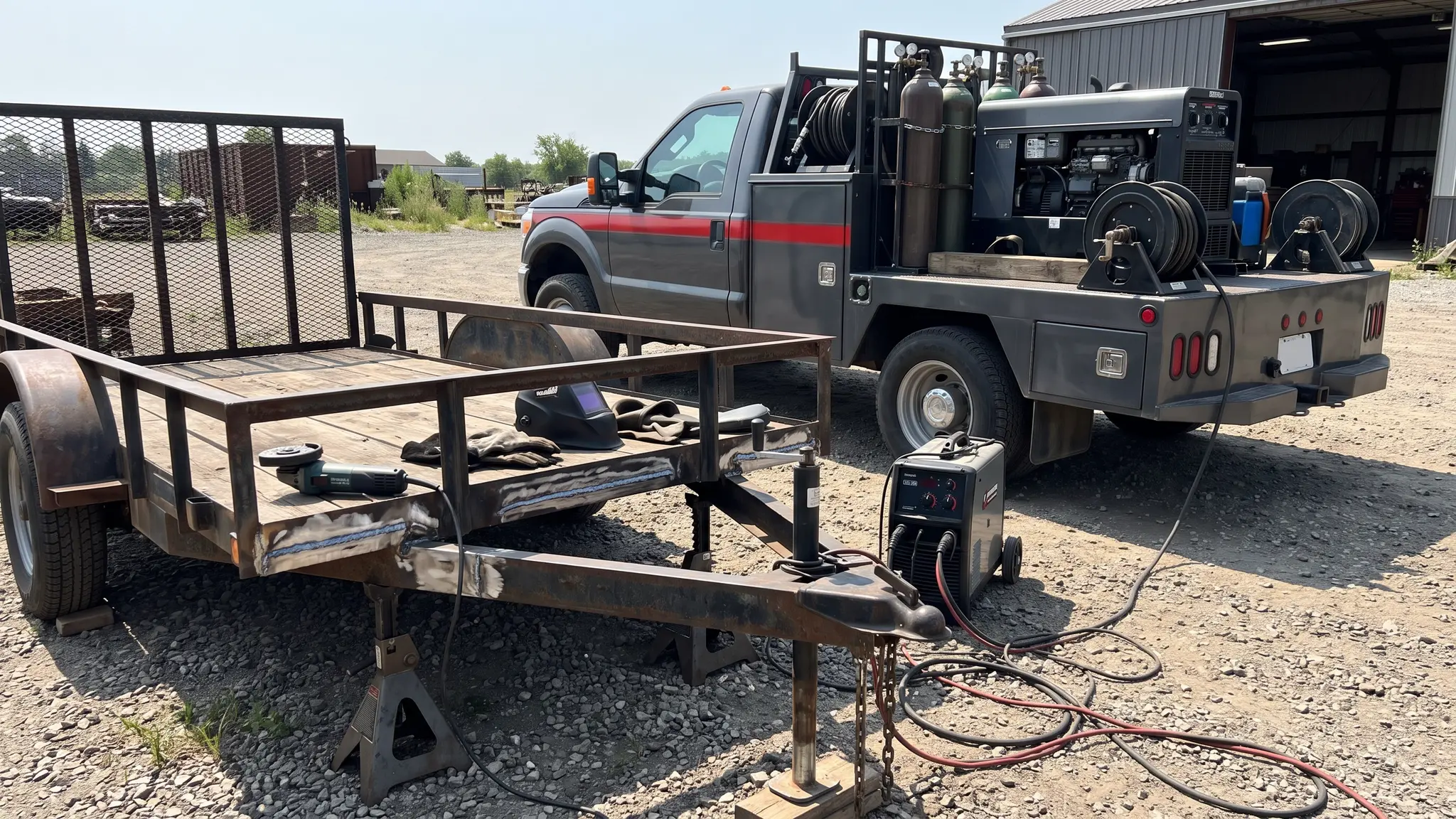 A utility trailer on jack stands with a freshly welded frame repair and a portable welding machine beside it