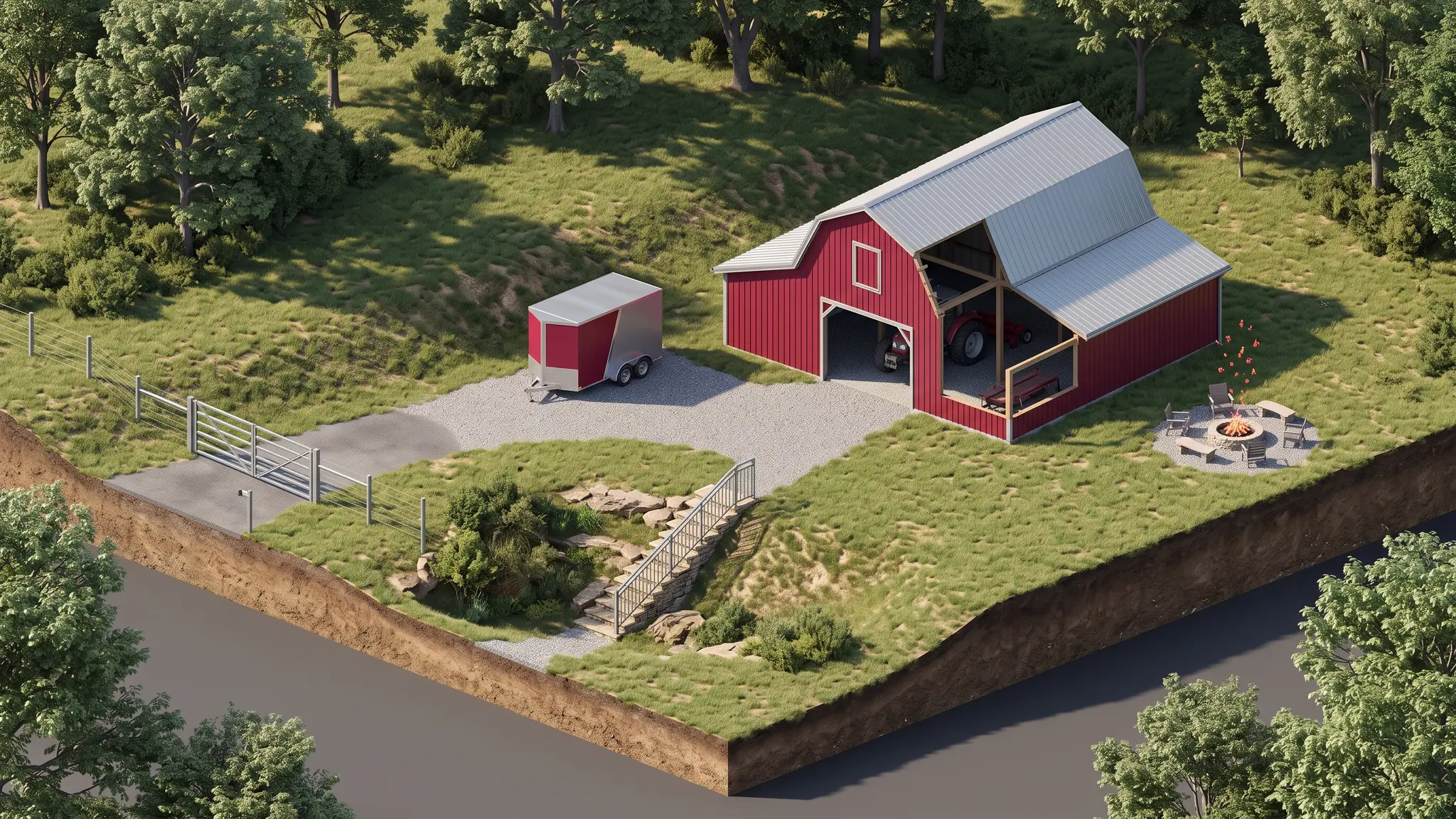 A cutaway illustration of a Tennessee property showing a steel gate, a stair railing, a trailer, a barn with an implement and a fire pit, with small spark icons in crimson and silver tones