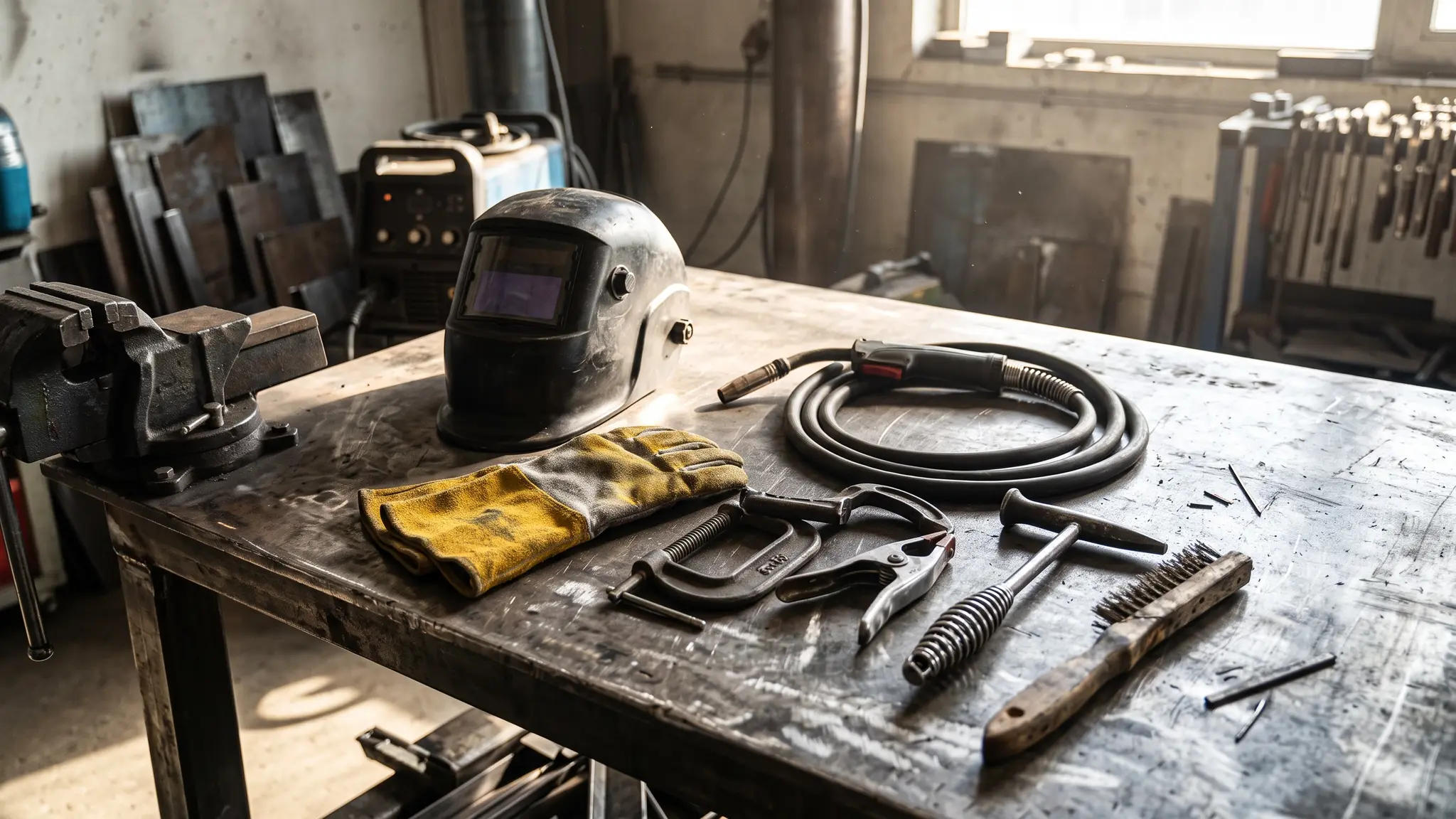 Welding gear laid out neatly on a steel workbench: a welding helmet, gloves, a MIG gun, clamps, a chipping hammer and a wire brush