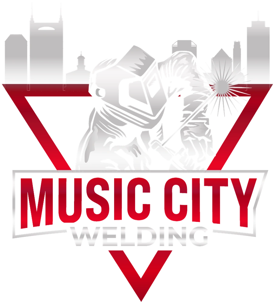Music City Welding logo: a welder in a protective hood with a bright burst of sparks in front of a silver Nashville skyline, inside a red triangle with the words Music City Welding