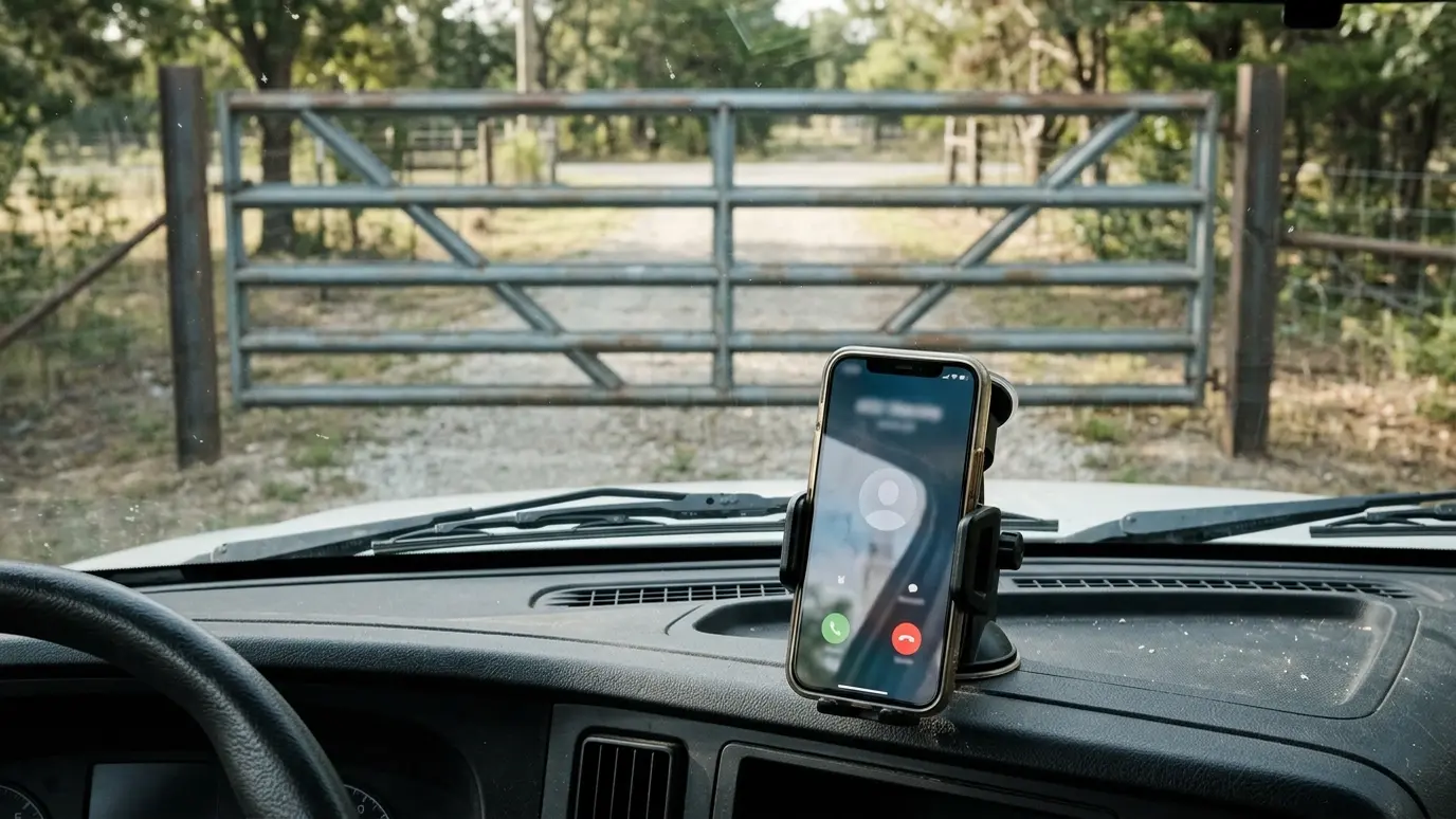 Call or send photos A smartphone on a truck dashboard showing an incoming call, with a steel gate visible through the windshield