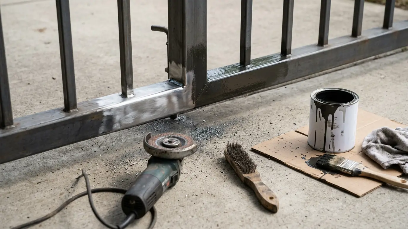 Finish and clean-up A grinder, wire brush and a can of rust-inhibiting paint beside a smooth, freshly ground and painted weld joint
