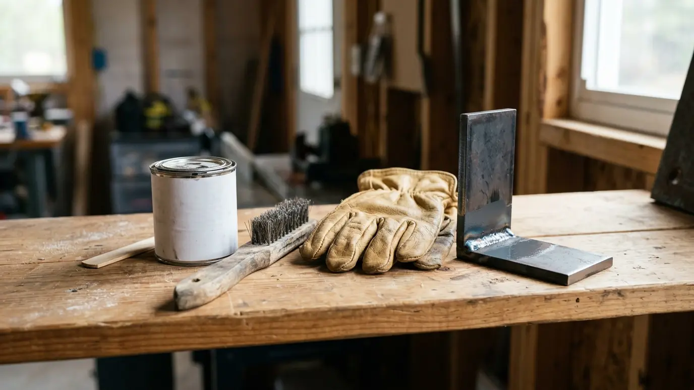 Walk-through and follow-up A small kit with touch-up paint, a wire brush and leather gloves beside a freshly repaired steel bracket