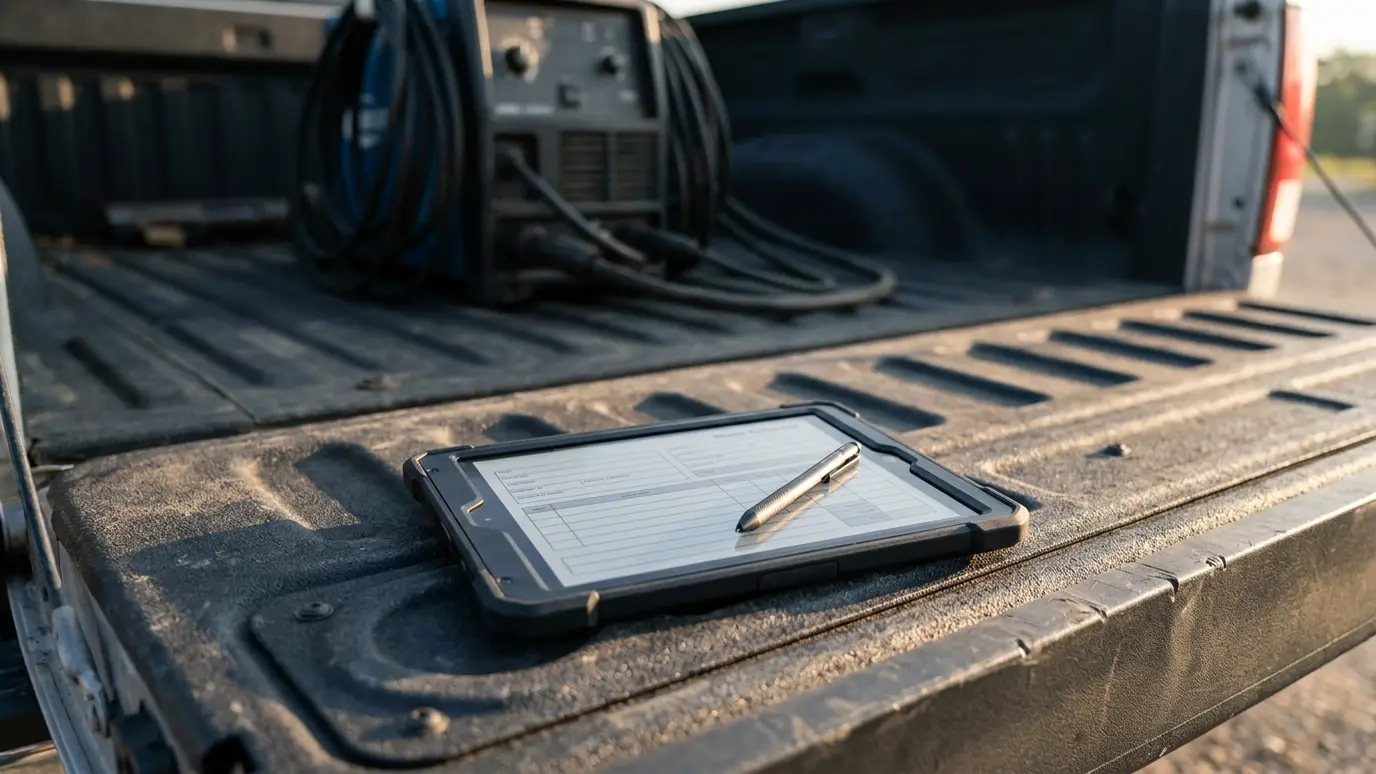 Schedule A tablet with a blank estimate form and a pen on a truck tailgate in morning light