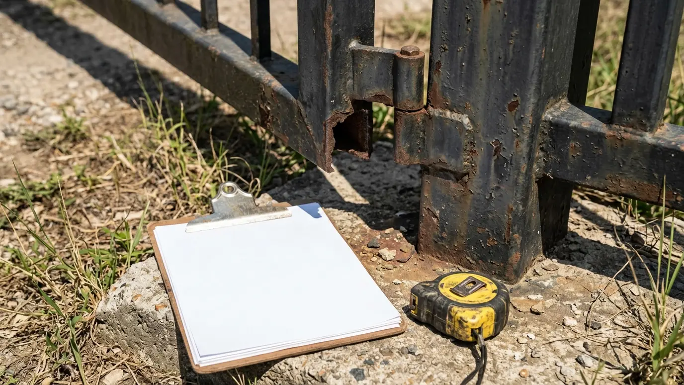 Look and quote A tape measure and a clipboard beside a broken steel gate hinge on a post