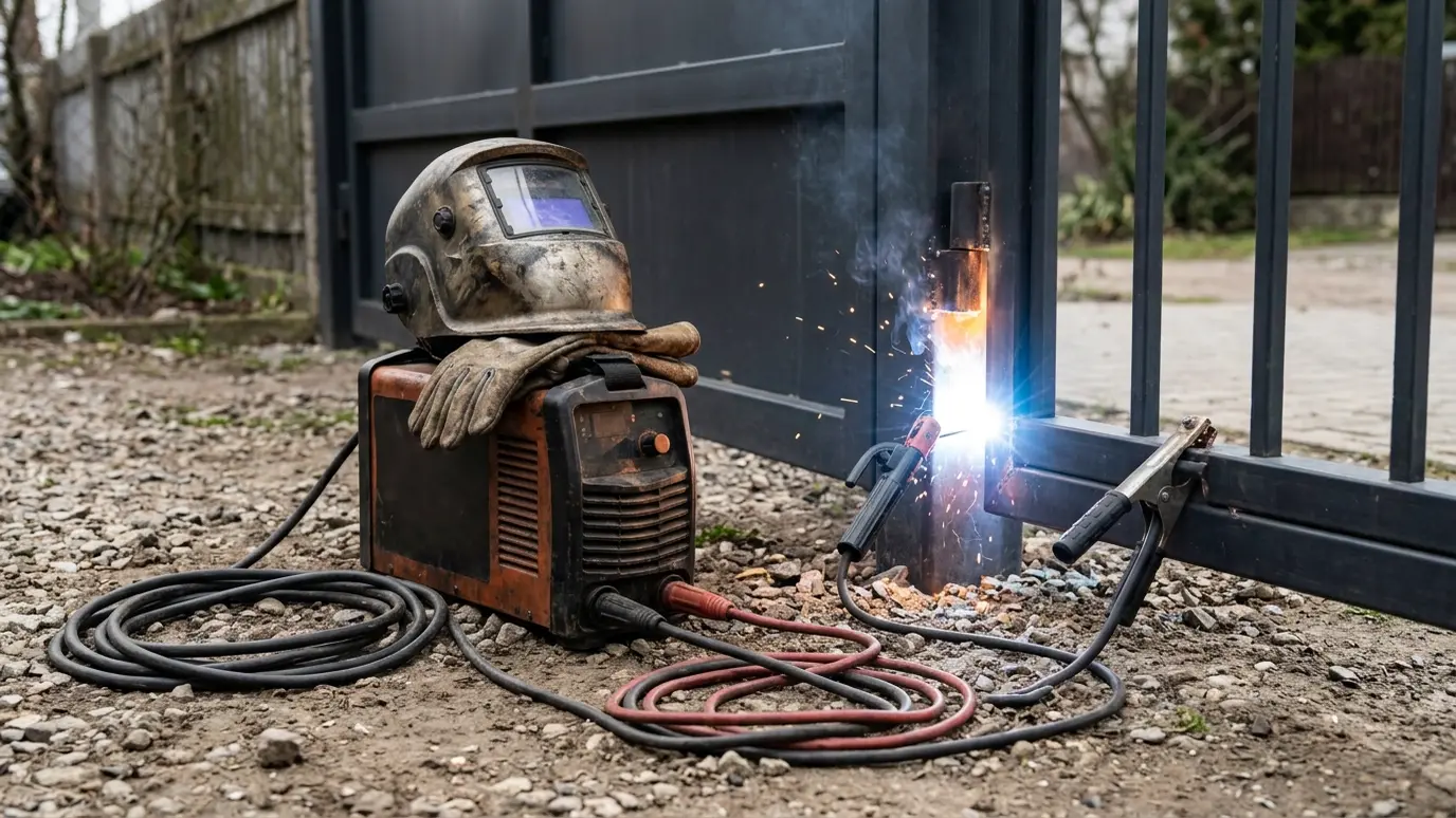Safe setup and welding A portable welding machine set up beside a steel gate with leads, a ground clamp and a helmet resting on it