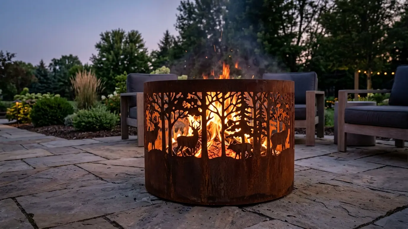A custom steel fire pit with a cut-out pattern glowing at dusk